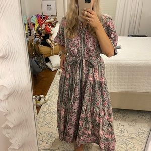 SUE SARTOR PINK & GRAY PHEASANT DRESS Maxi Shirt Sleeve Medium